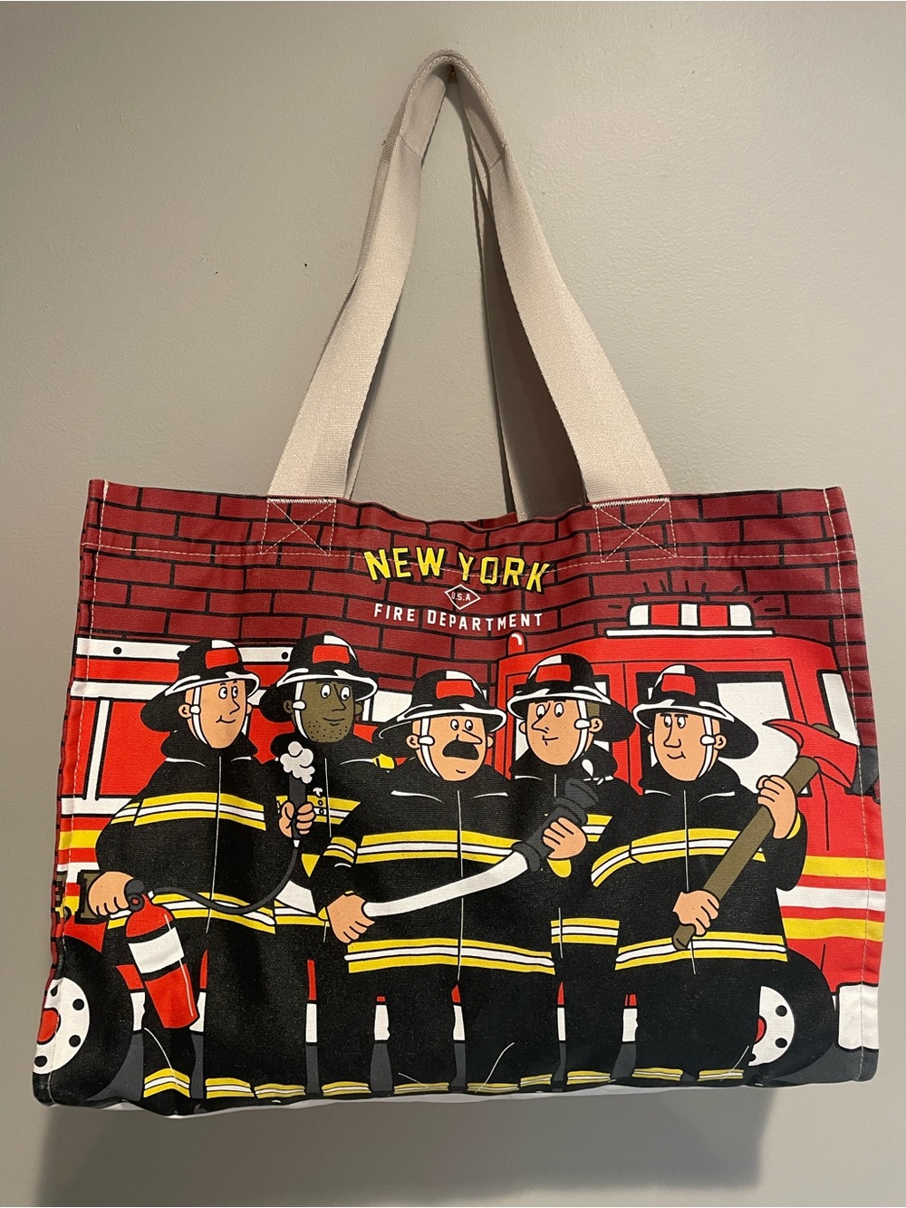 FDNY Cartoon Illustration Canvas Tote Bag. USA. Double sided graphics.